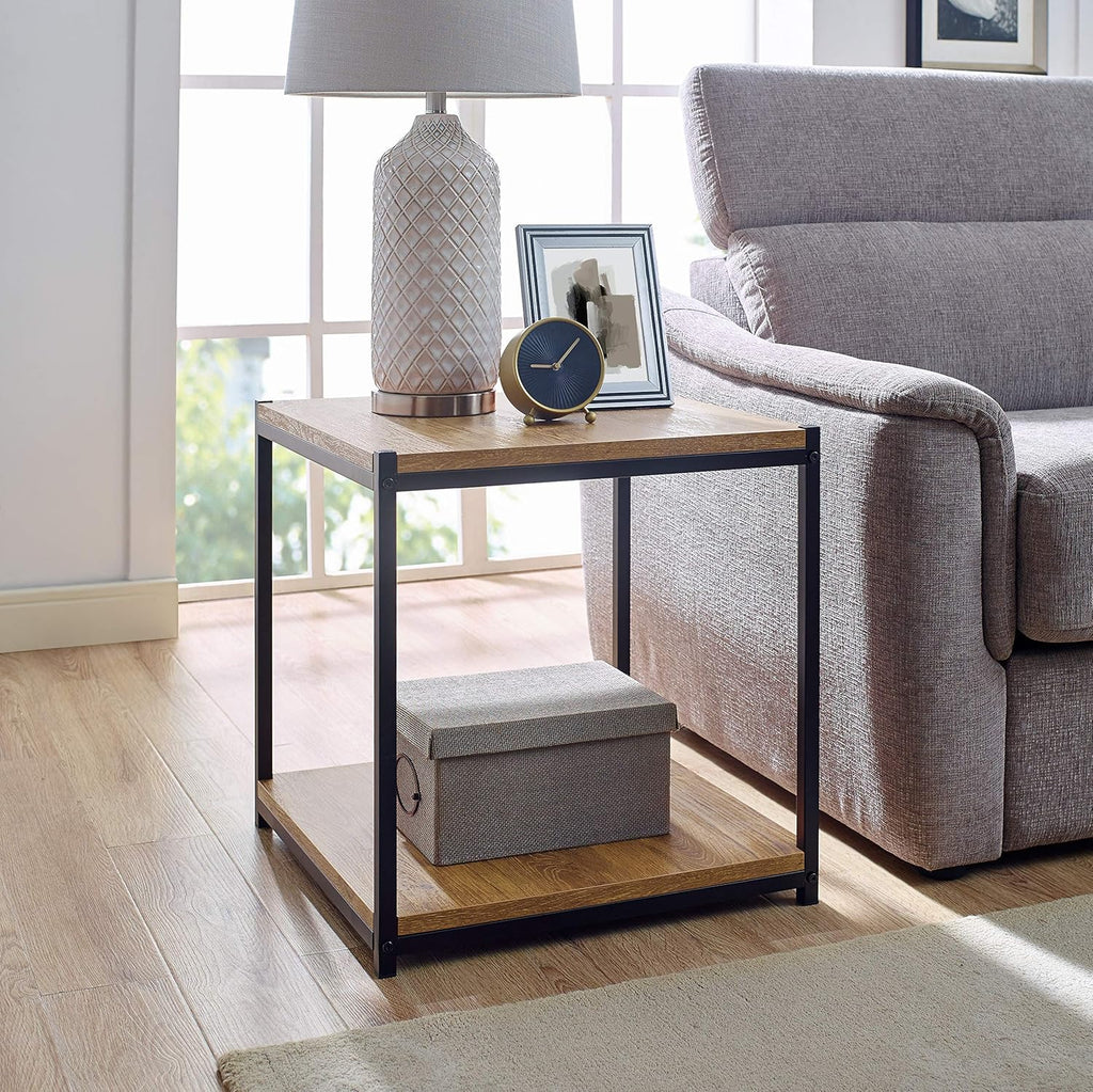 Brown Oak Wood Look Side End Table with Metal Frame C9910