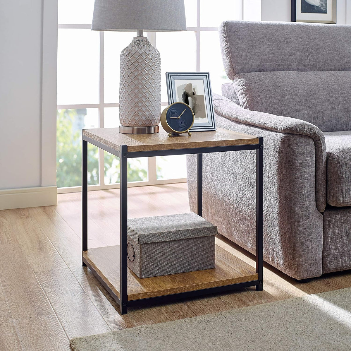 Brown Oak Wood Look Side End Table with Metal Frame C9910