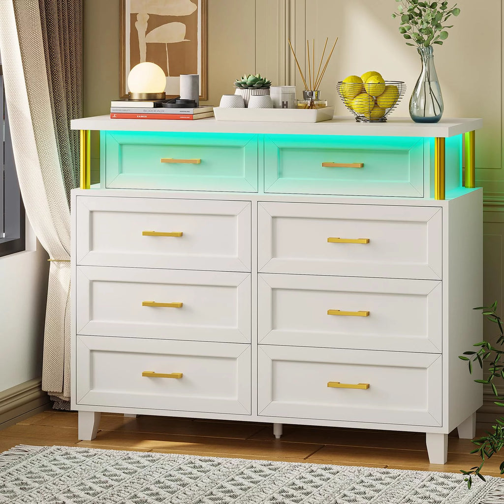 White 8 Drawer Dresser with LED Light O4531