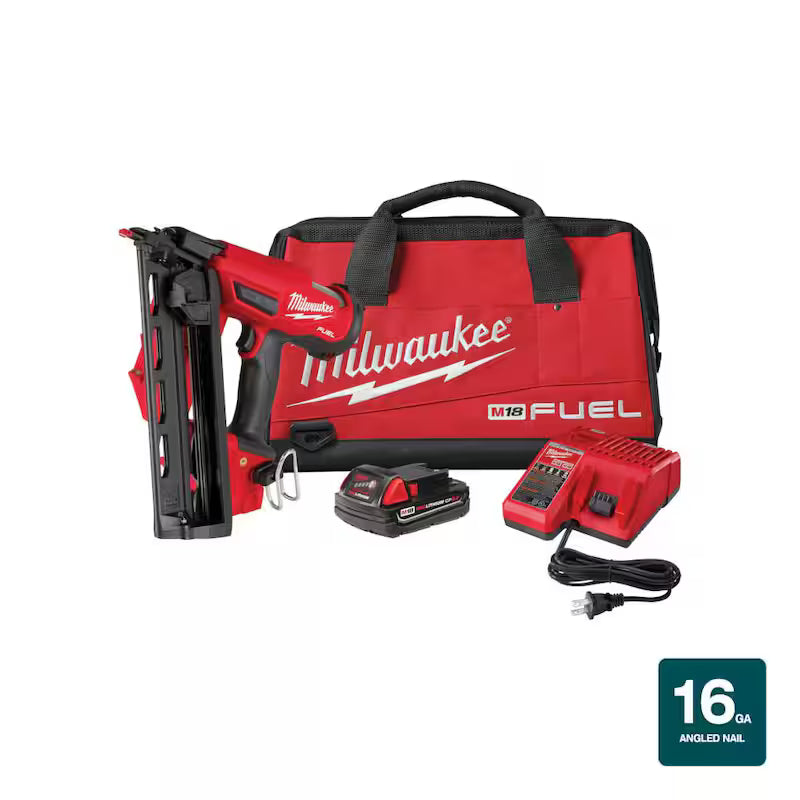 18-Volt Lithium-Ion Brushless Cordless 16-Gauge Angled Finish Nailer Kit W394