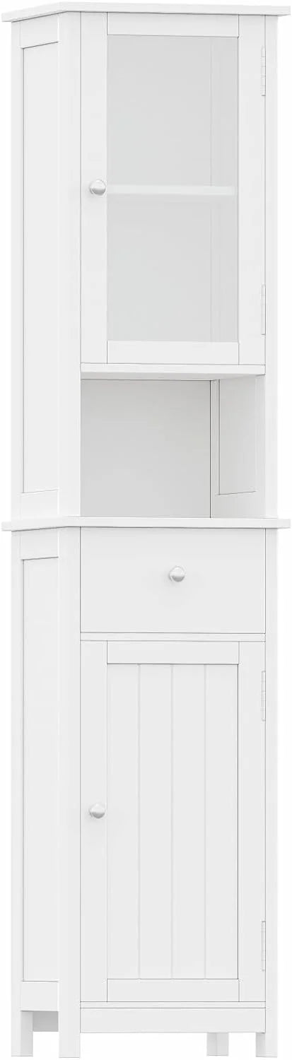 White Tall Bathroom Floor Cabinet with Glass Doors N34333