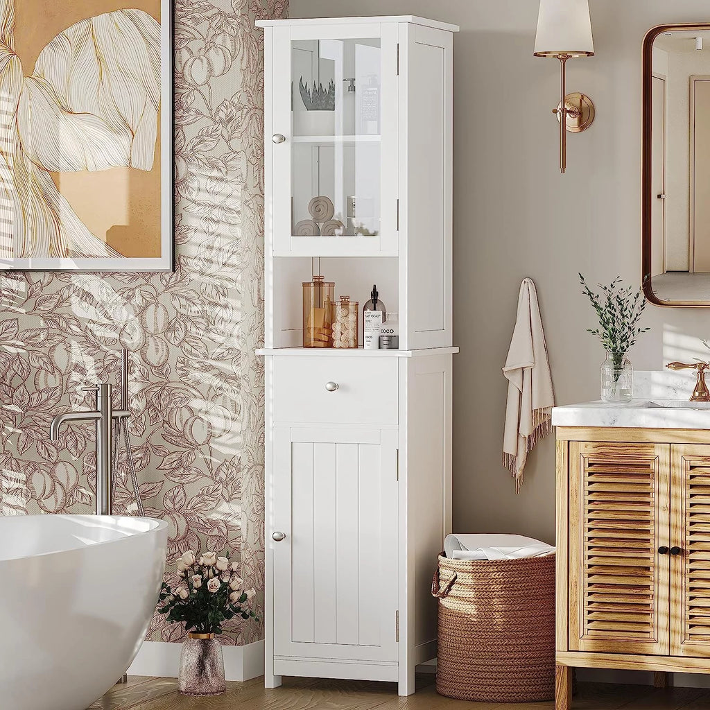 White Tall Bathroom Floor Cabinet with Glass Doors N34333