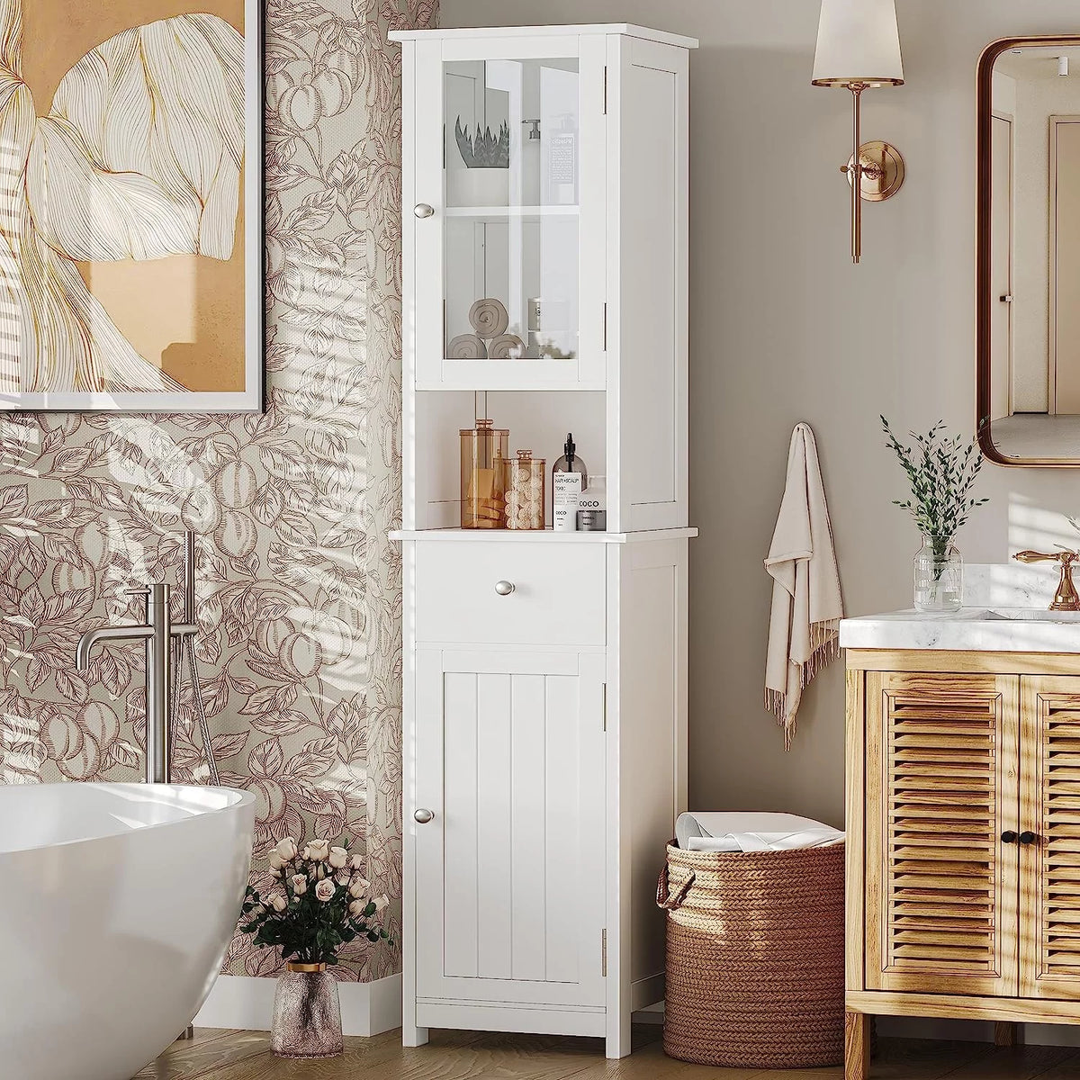 White Tall Bathroom Floor Cabinet with Glass Doors N34333