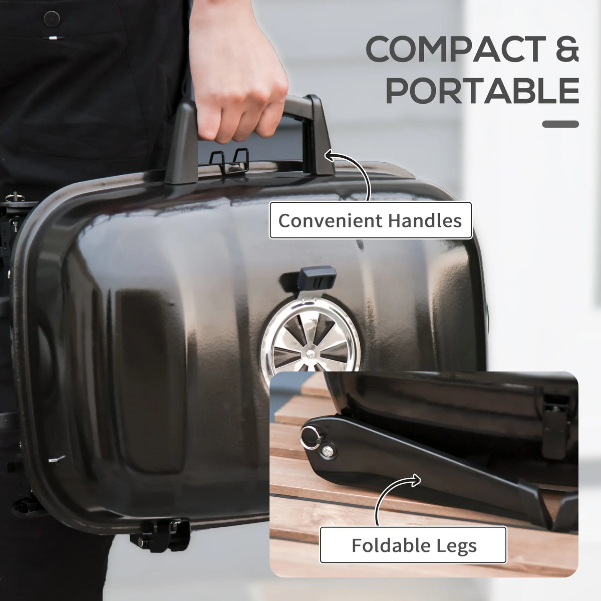 Portable Charcoal Grill, Tabletop Small BBQ Grill, Enamel Coated, Folding Legs, Black Q430