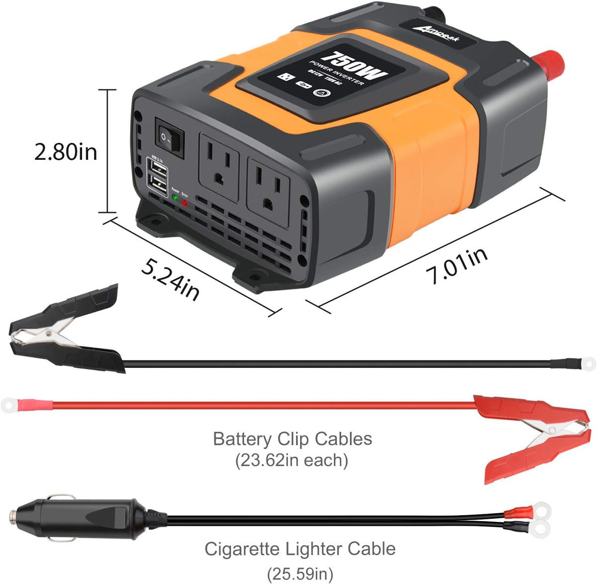 750W Power Inverter 12V DC to 110V AC Converter with Dual USB Dual AC Outlets T3374