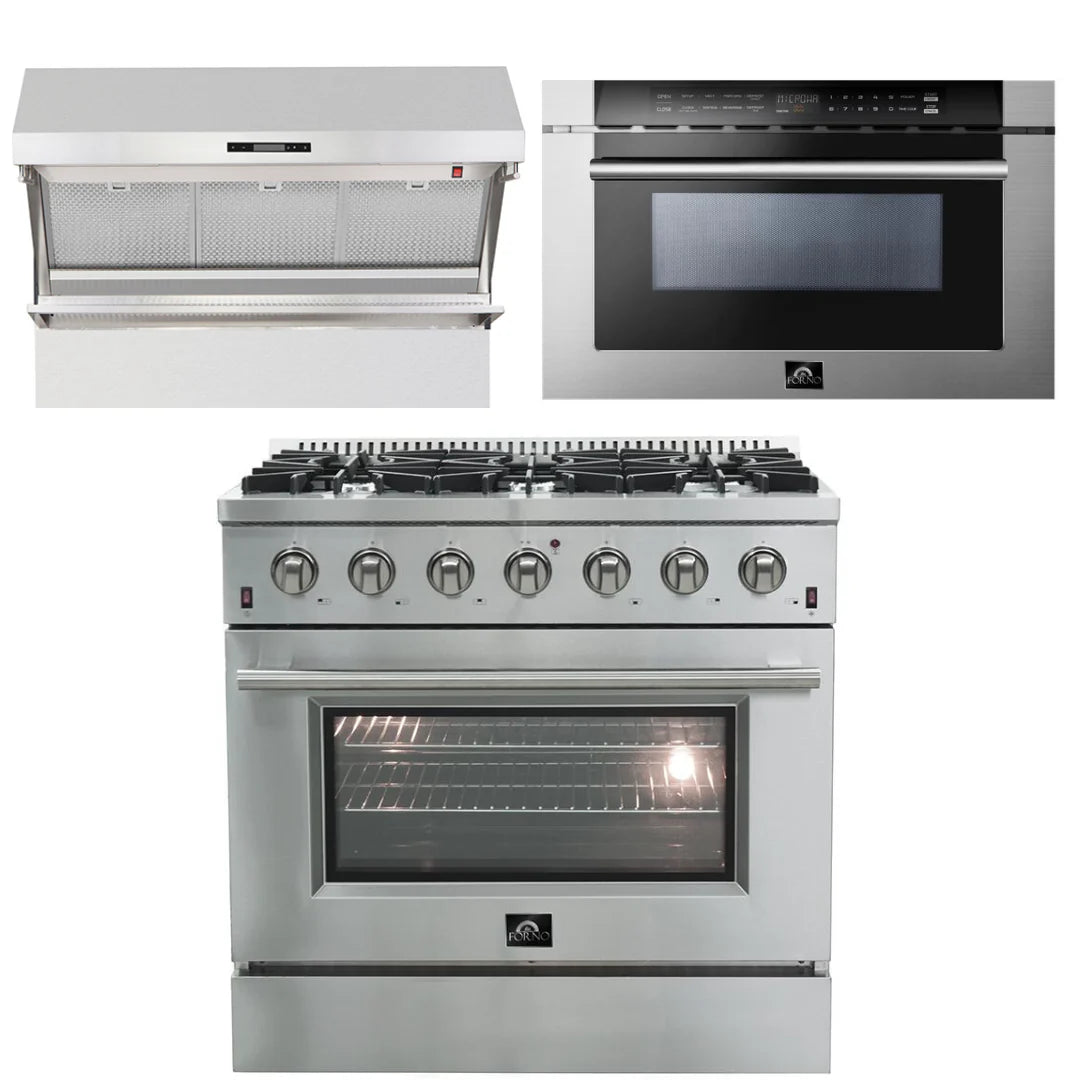 36 Inch Gas Range, Wall Mount Range Hood, Microwave Drawer T835173