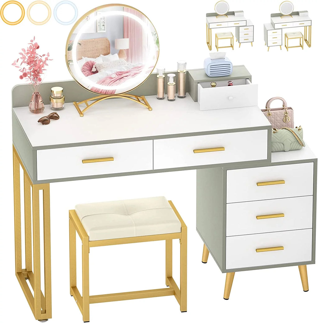 White Reversible Vanity Desk with Lighted Mirror and Stool Z63027