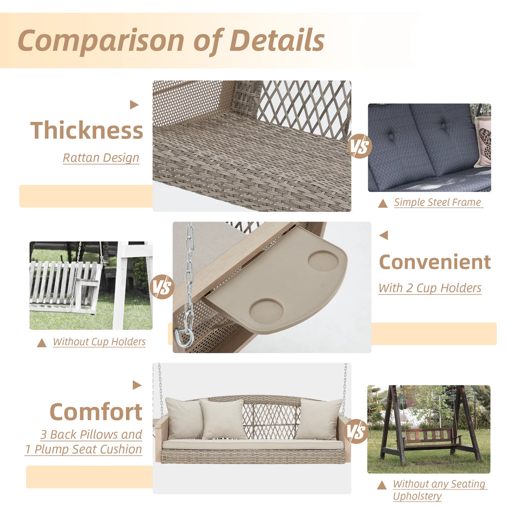 3-Person 55in Wicker Hanging Swing Bench with Cushions and Cupholders C22461