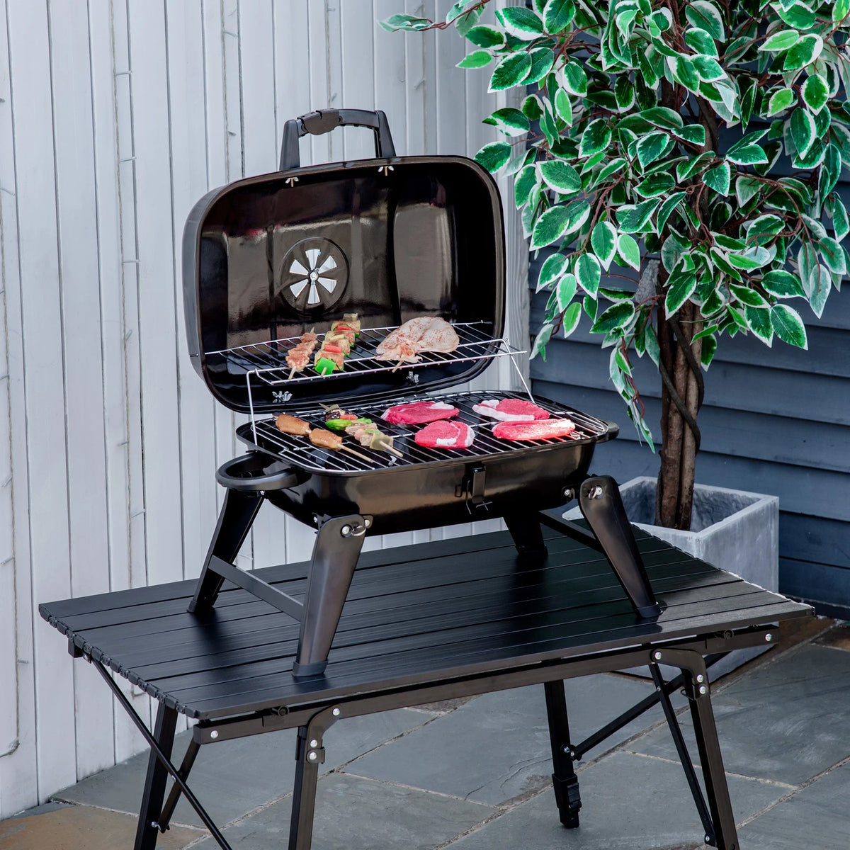 Portable Charcoal Grill, Tabletop Small BBQ Grill, Enamel Coated, Folding Legs, Black Q430
