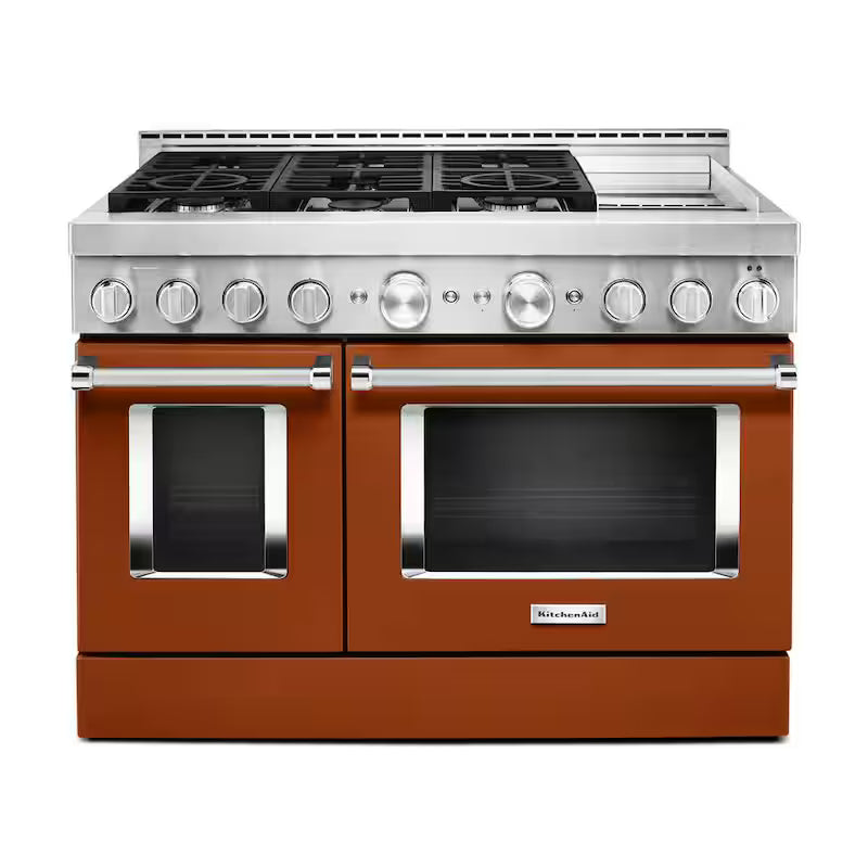 48 in. 6.3 cu. ft. Smart Double Oven Gas Range with Griddle and True Convection in Scorched Orange B483