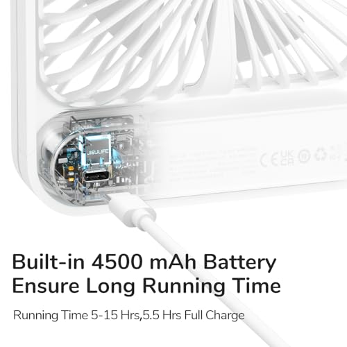 Desk Fan Battery Rechargeable, 4500mAh 180°Foldable Portable Personal Fan, 4 Speeds Adjustable White S954692