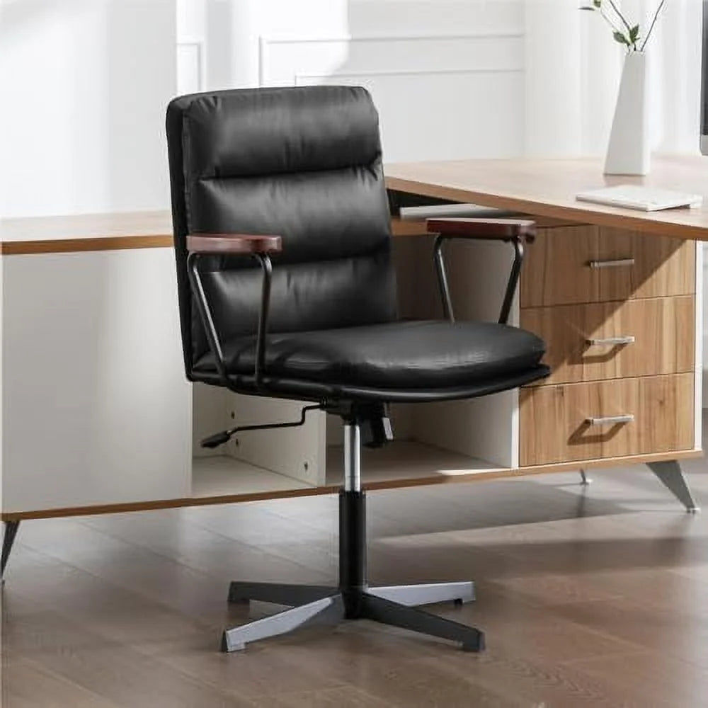 Black PU Padded Criss Cross Office Desk Chair with Wooden Armrests N41335