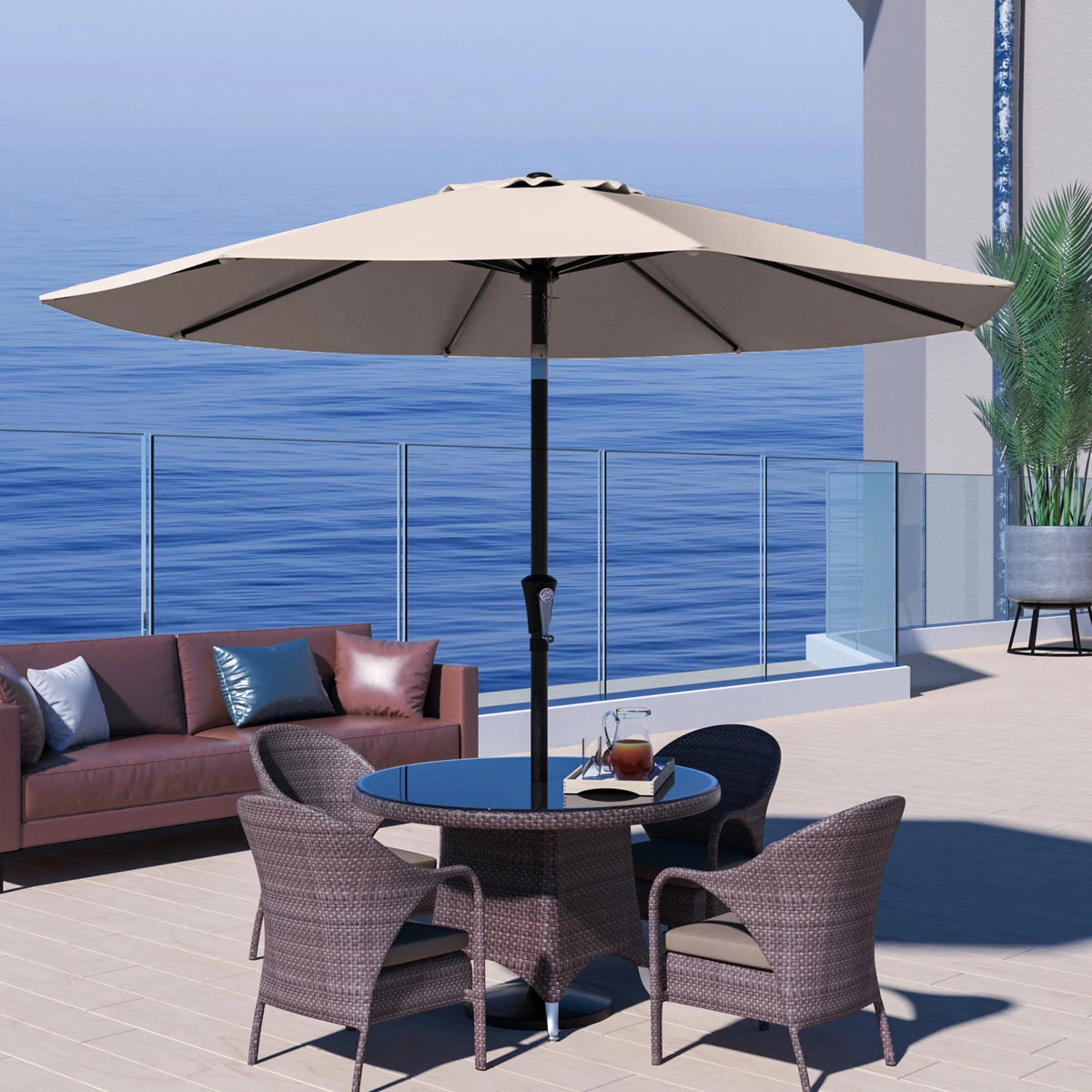 9' Outdoor Patio Umbrella with Push Button Tilt and Crank, Beige E24909