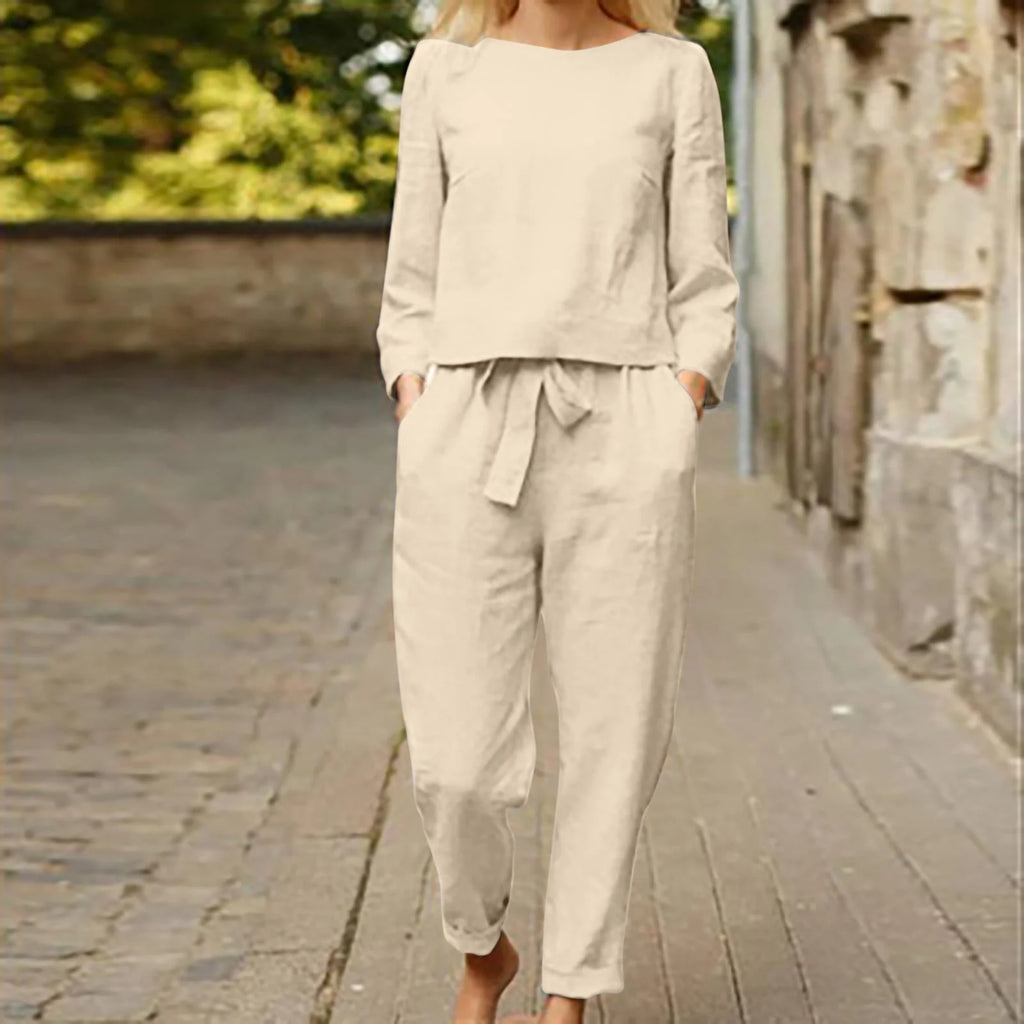 Women's Casual 2 Piece Long Sleeve Top and Tie Waist Pants Lounge Set W4488