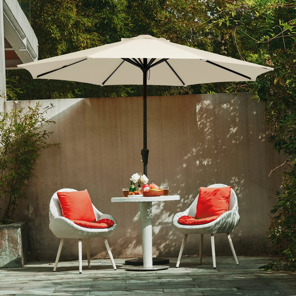 9' Outdoor Patio Umbrella with Push Button Tilt and Crank, Beige E24909