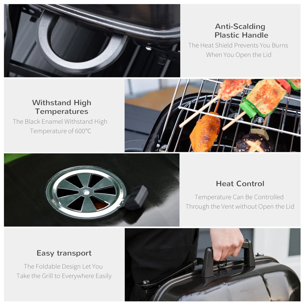 Portable Charcoal Grill, Tabletop Small BBQ Grill, Enamel Coated, Folding Legs, Black Q430