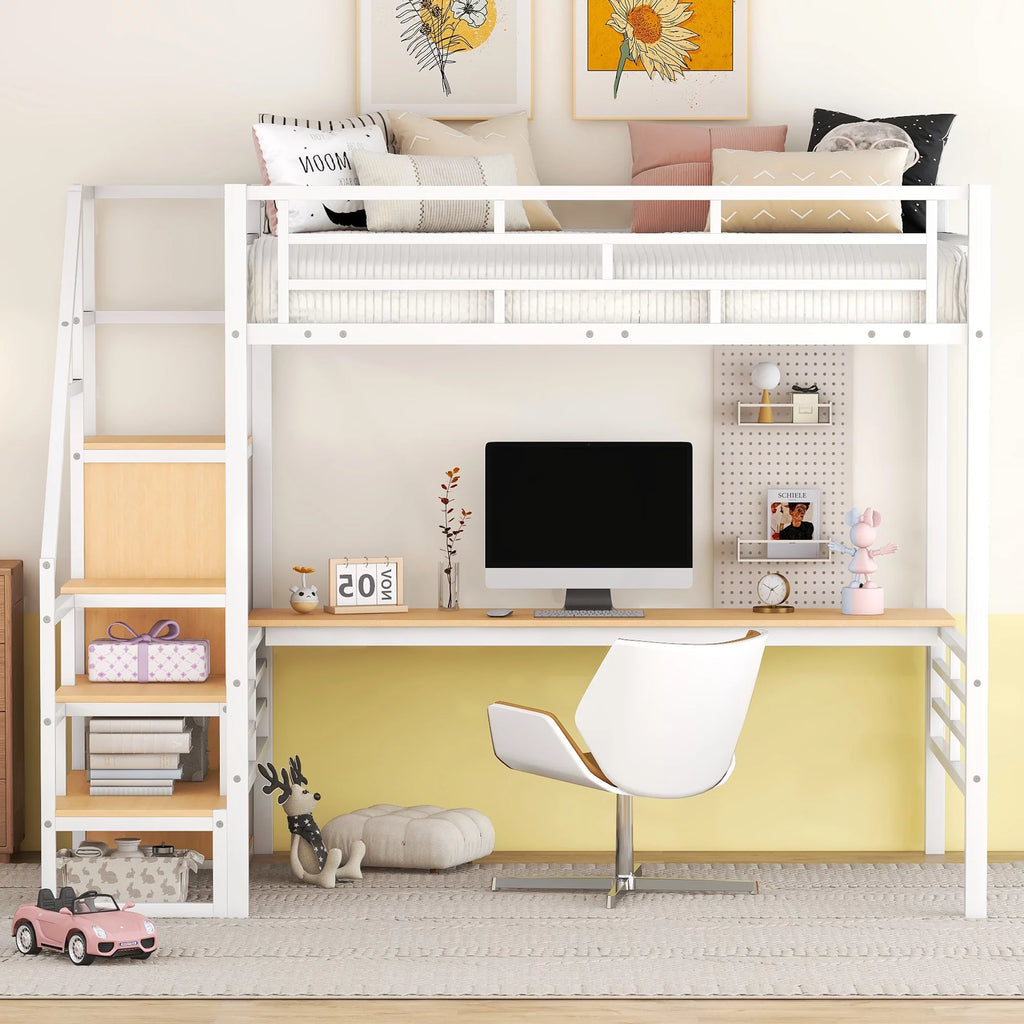 White Full Size Metal Loft Bed with Desk and Storage Staircase J731