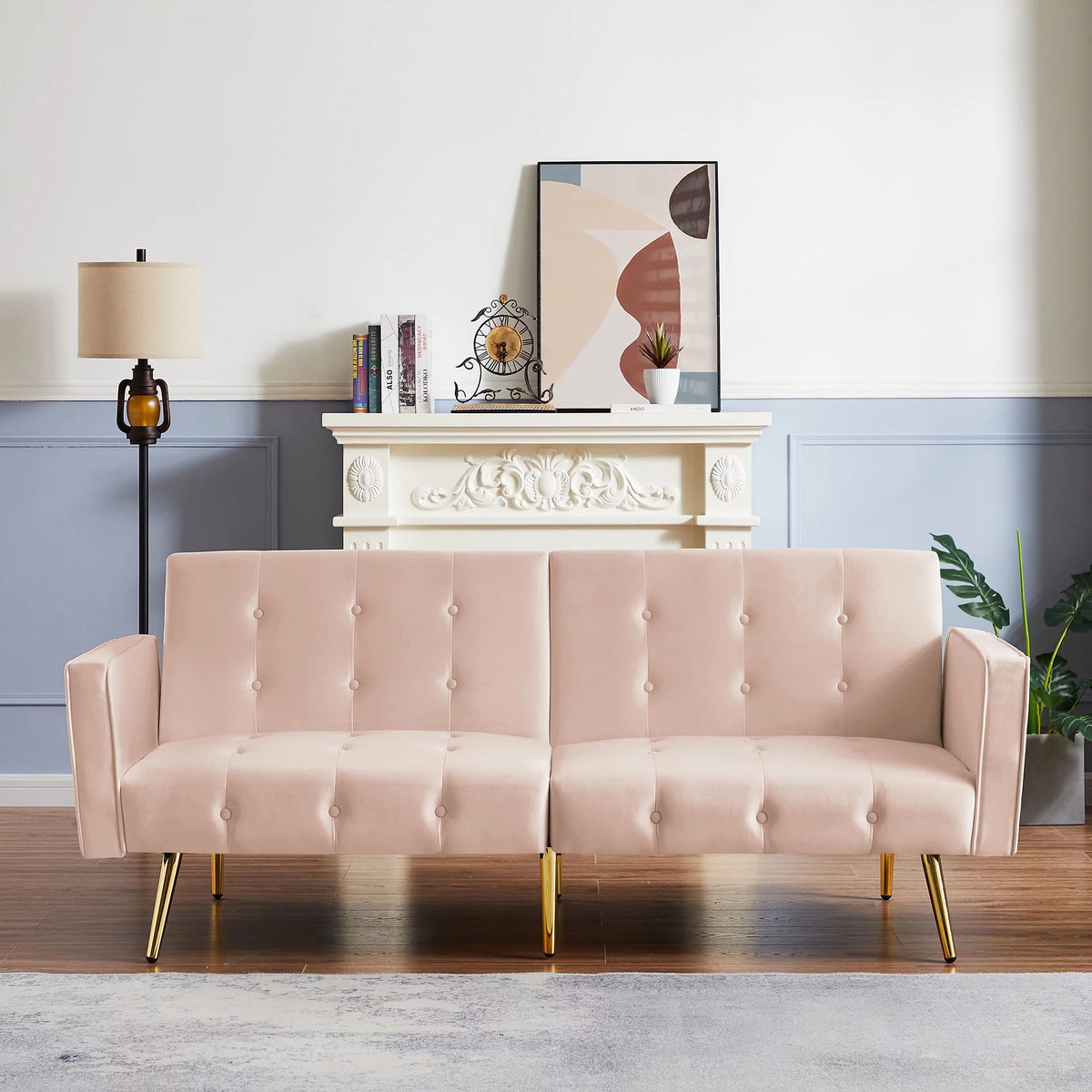 Pink Velvet Convertible Sofa Bed with Armrests A515