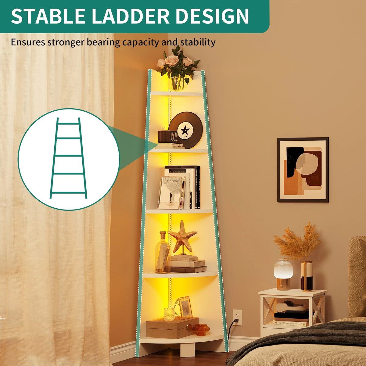 White 5 Tier Corner Shelf with Led Light H5323