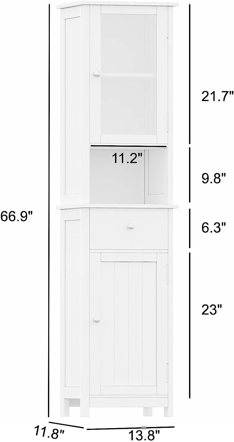 White Tall Bathroom Floor Cabinet with Glass Doors N34333