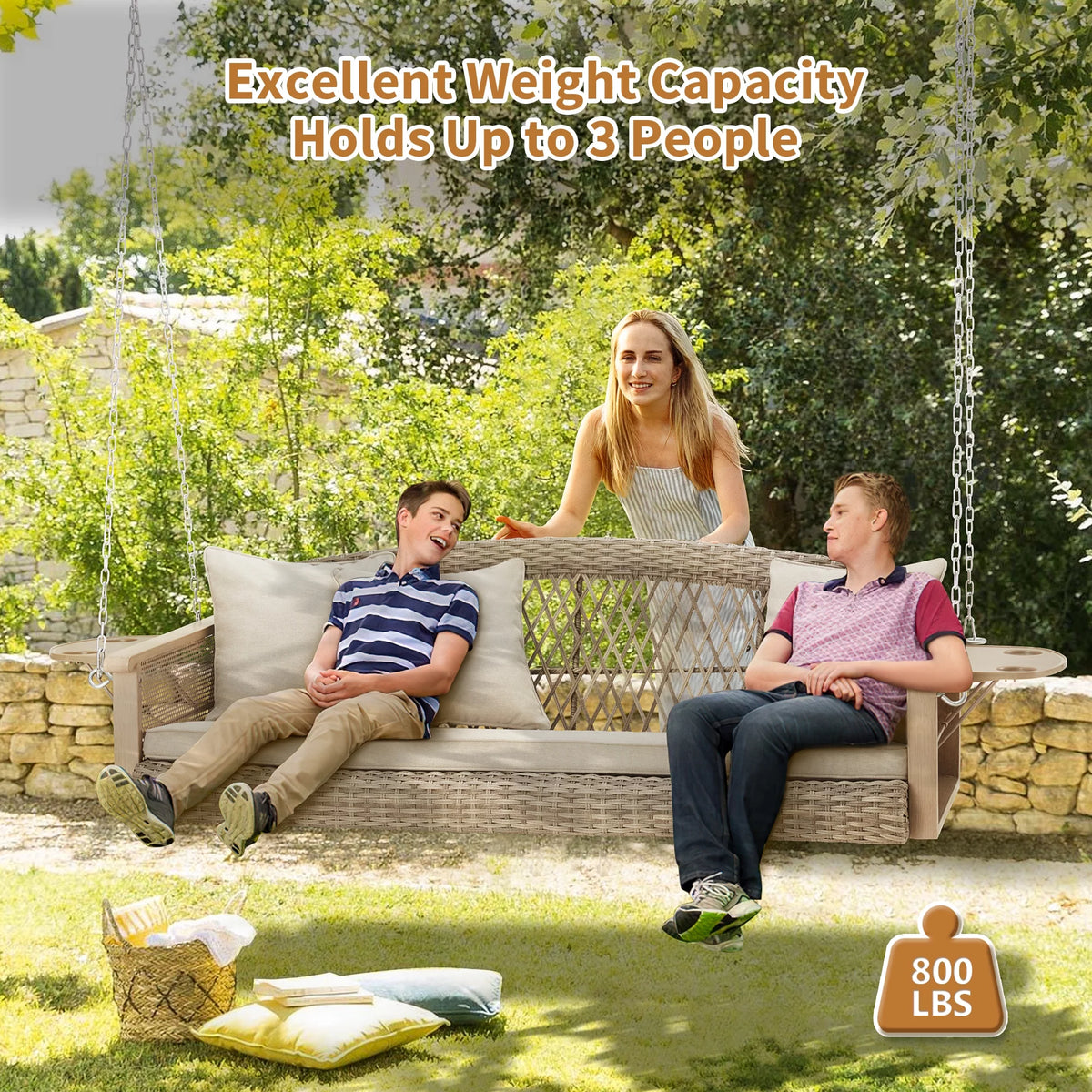 3-Person 55in Wicker Hanging Swing Bench with Cushions and Cupholders C22461