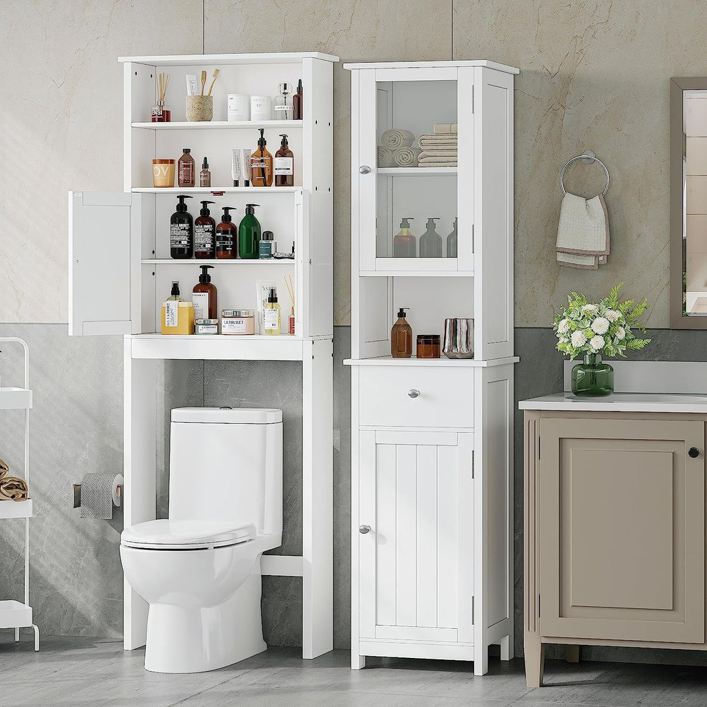 White Tall Bathroom Floor Cabinet with Glass Doors N34333