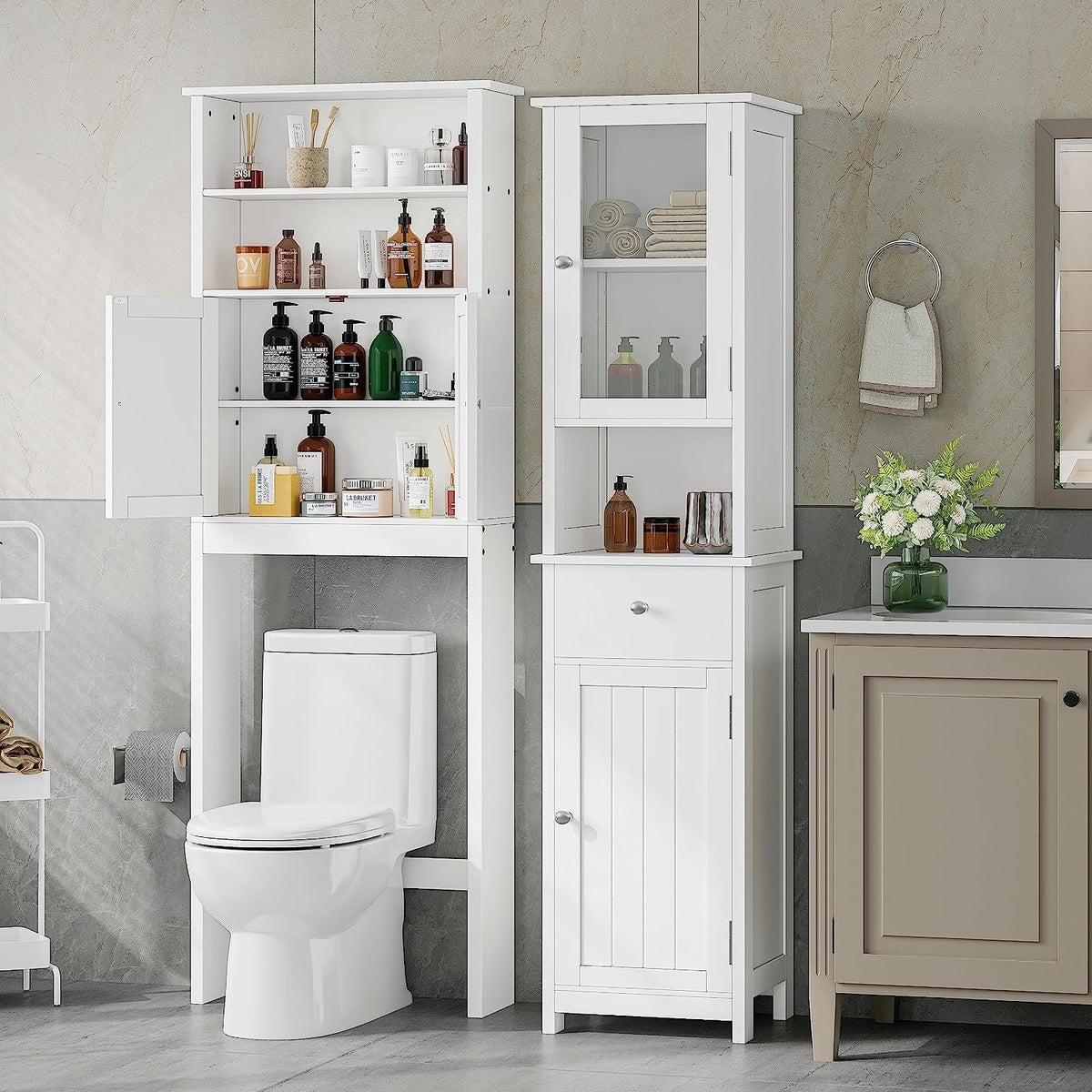 White Tall Bathroom Floor Cabinet with Glass Doors N34333