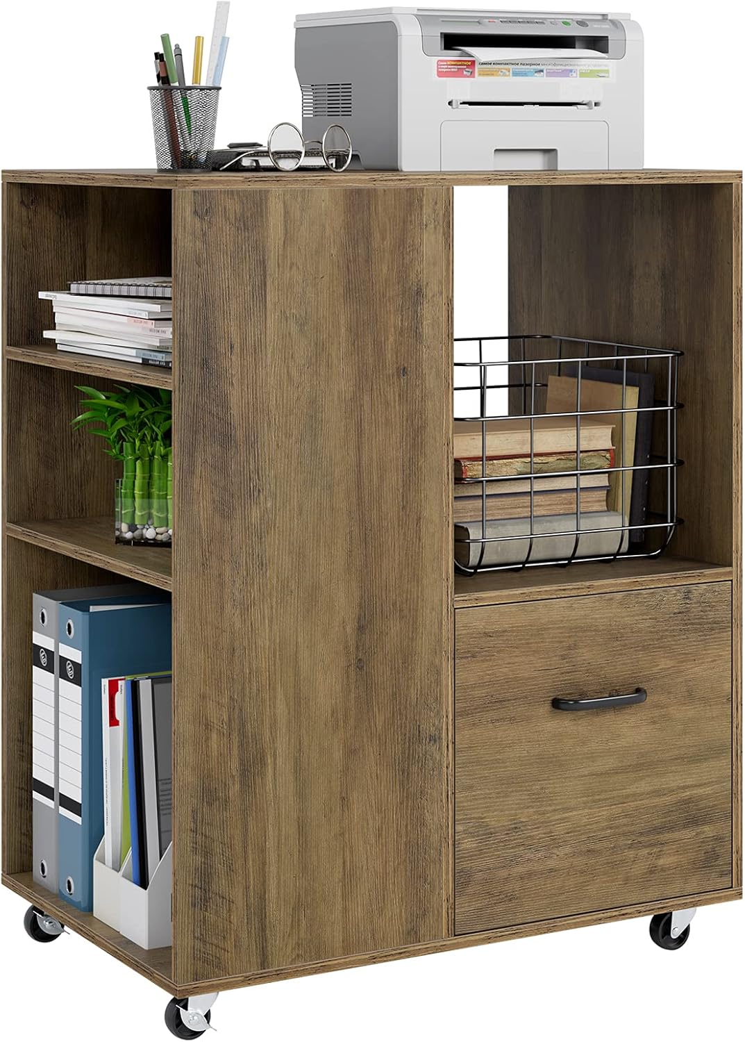 Dark Brown Wood Mobile File Cabinet with Drawer W819