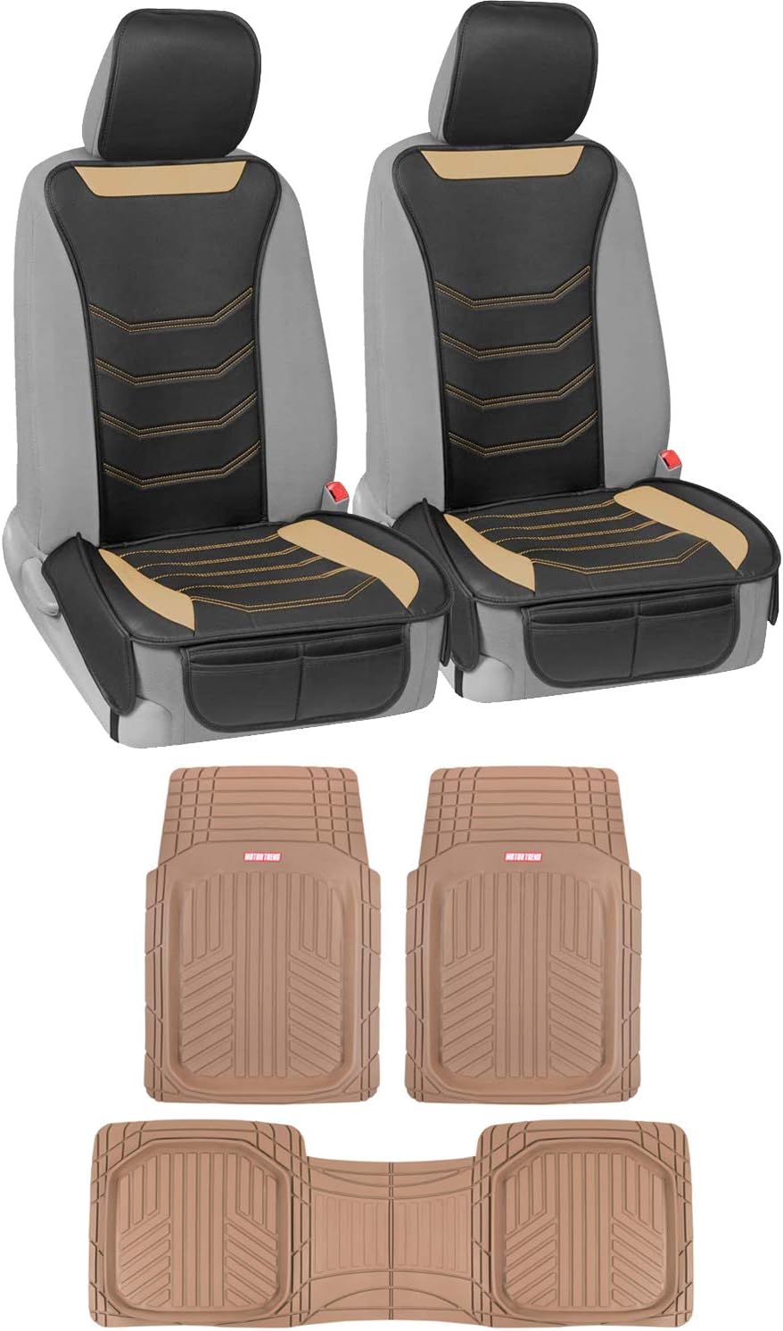 Beige Faux Leather Car Seat Covers and Rubber Floor Mats Set U9726