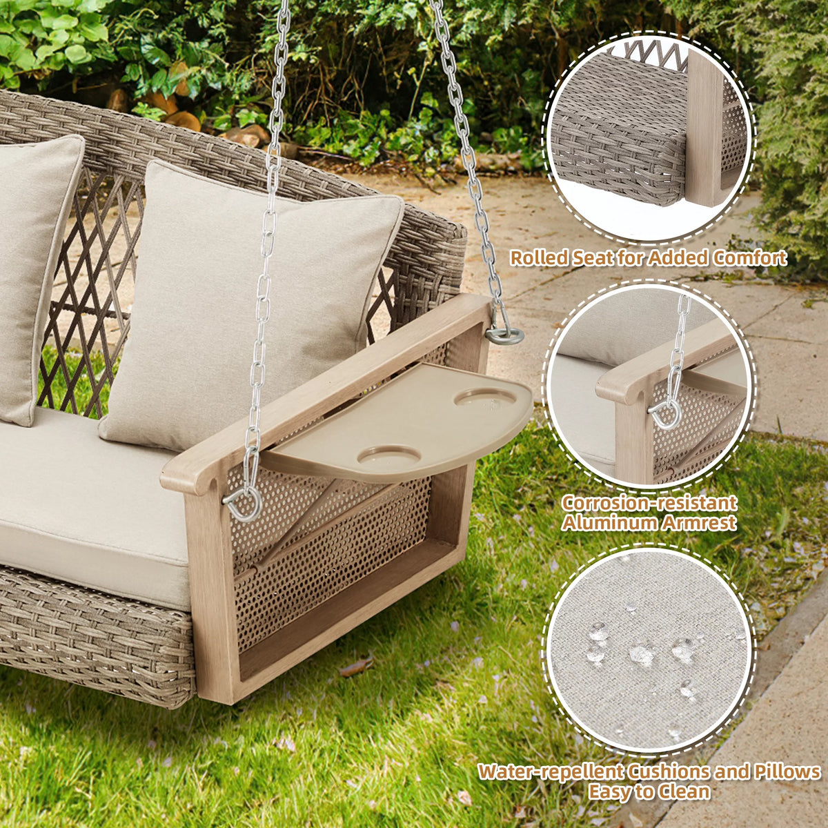 3-Person 55in Wicker Hanging Swing Bench with Cushions and Cupholders C22461