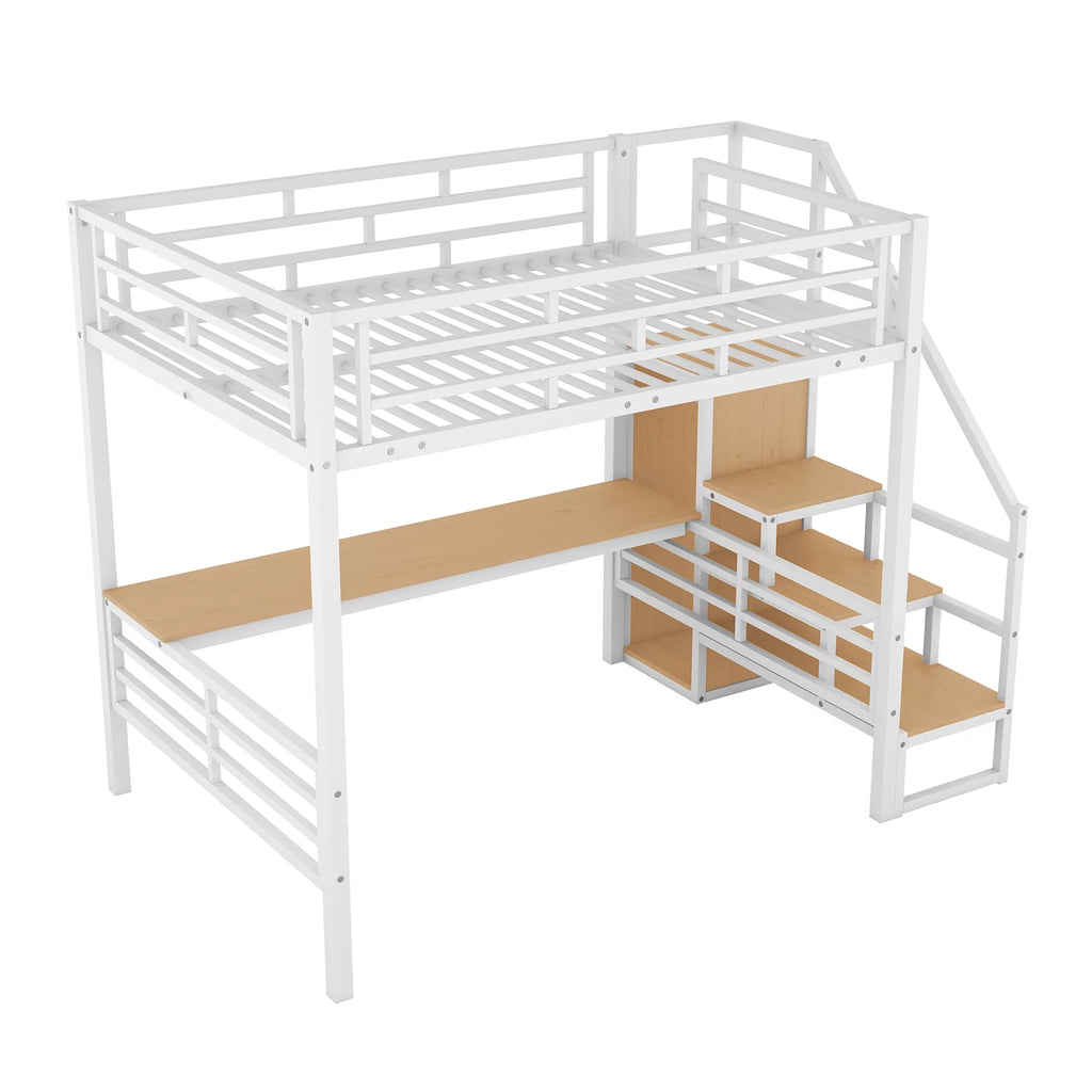 White Full Size Metal Loft Bed with Desk and Storage Staircase J731