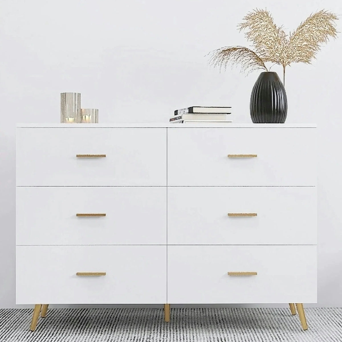 White 6 Drawer Dresser with Golden Handle J677231