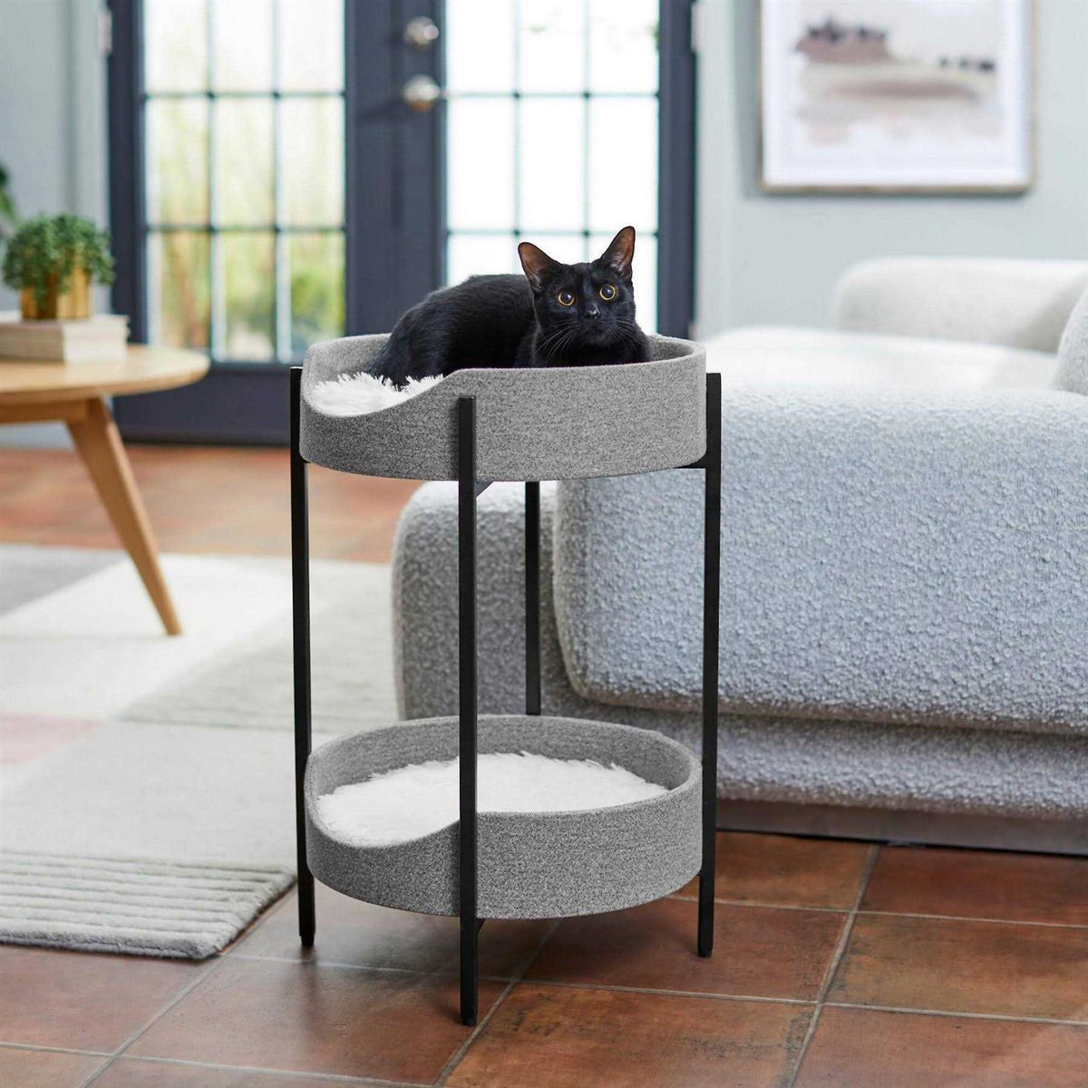 Elevated Wrought Iron Cat Bed with Faux Fur Cushion W865523