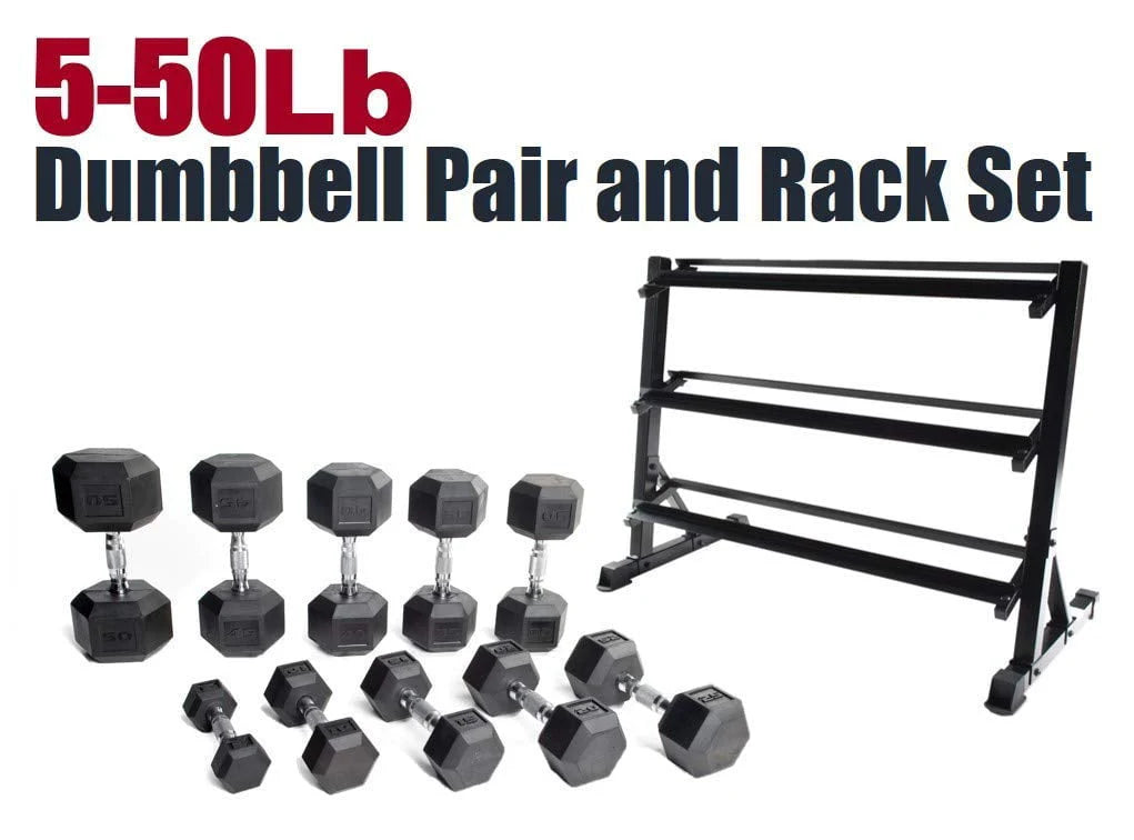 550-Pound Rubber Hex Dumbbell Set with Rack J7591