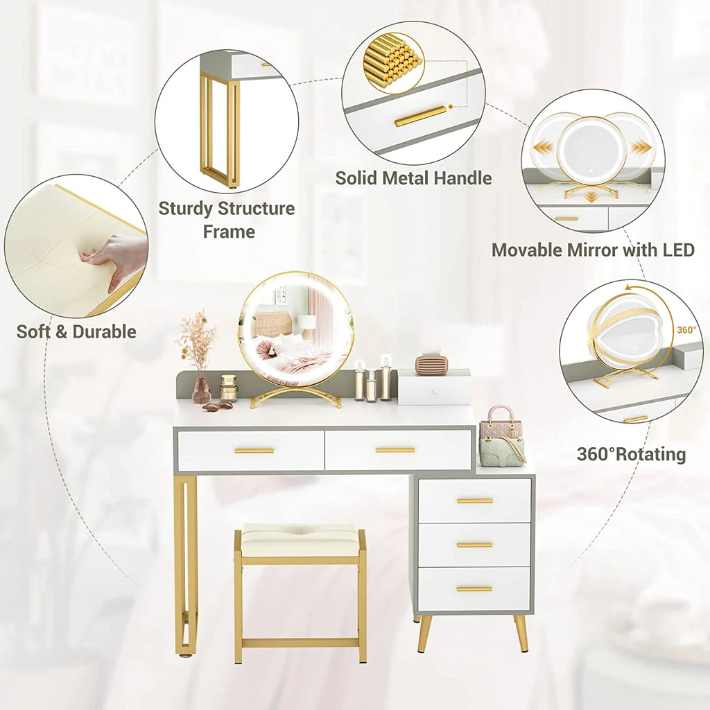 White Reversible Vanity Desk with Lighted Mirror and Stool Z63027