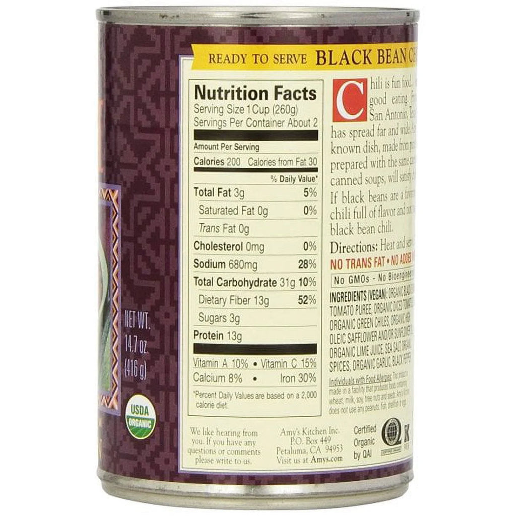 Organic Low Fat Medium Black Bean Chili 12 oz Pack of 4 I9549