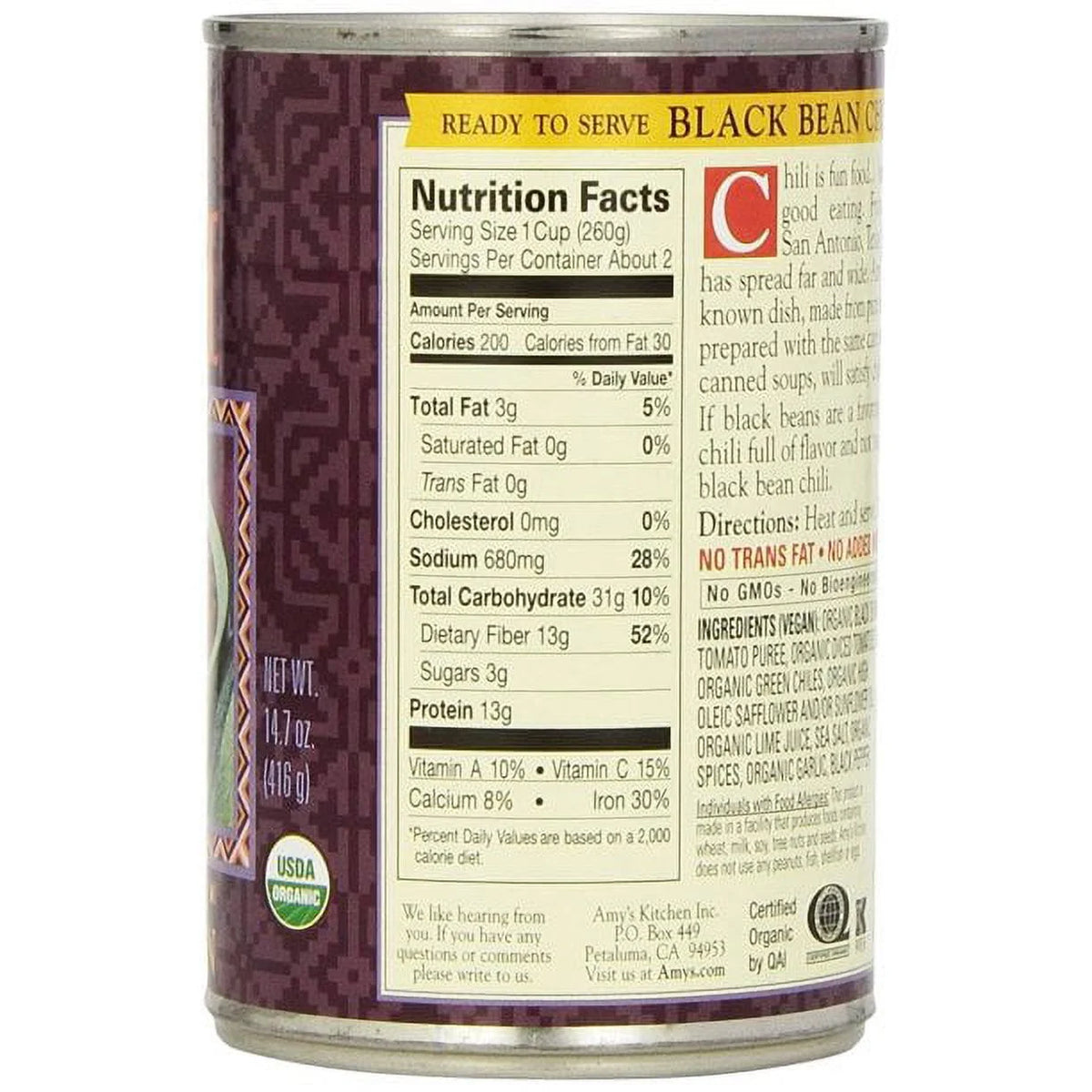 Organic Low Fat Medium Black Bean Chili 12 oz Pack of 4 I9549