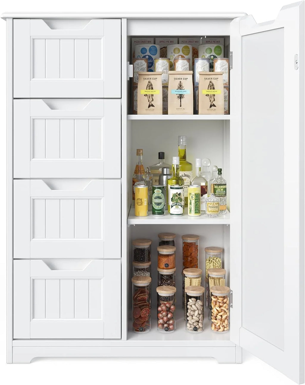White 4 Drawer Wood Storage Cabinet with Door and Shelves T14299