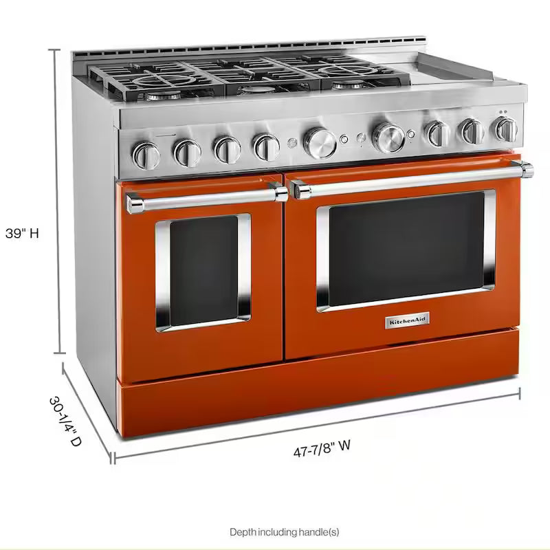 48 in. 6.3 cu. ft. Smart Double Oven Gas Range with Griddle and True Convection in Scorched Orange B483