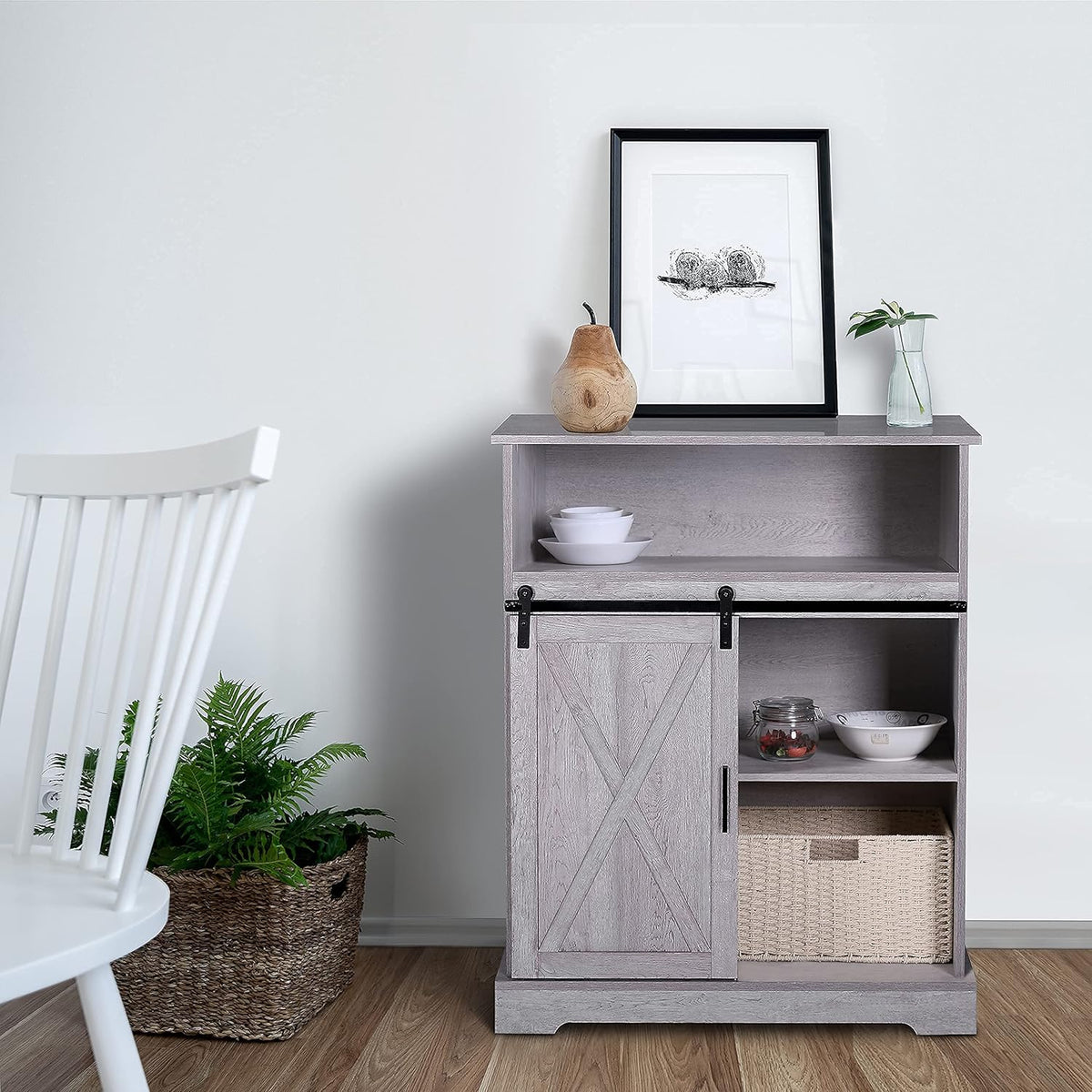 Grey Wash Wood Grain Buffet Cabinet with Sliding Barn Door S764