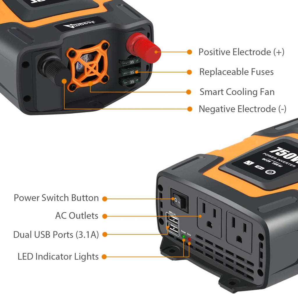 750W Power Inverter 12V DC to 110V AC Converter with Dual USB Dual AC Outlets T3374