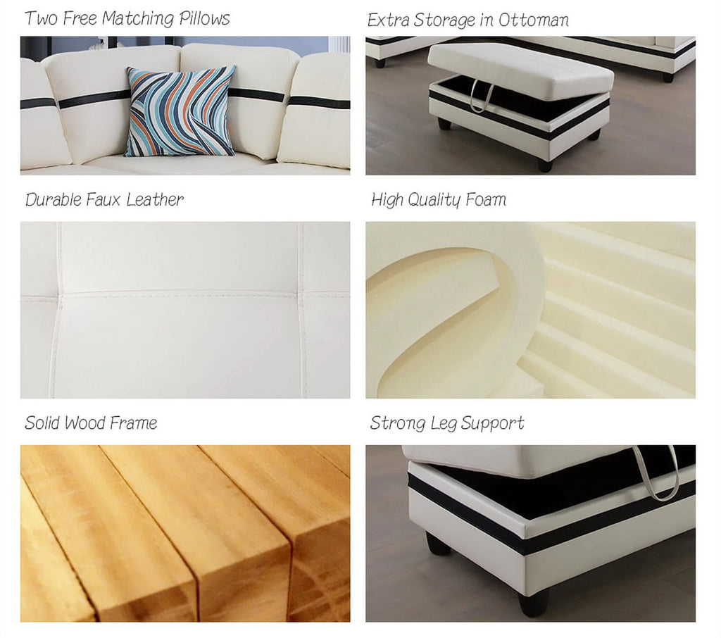 White & Black Faux Leather Sectional with Ottoman V5136
