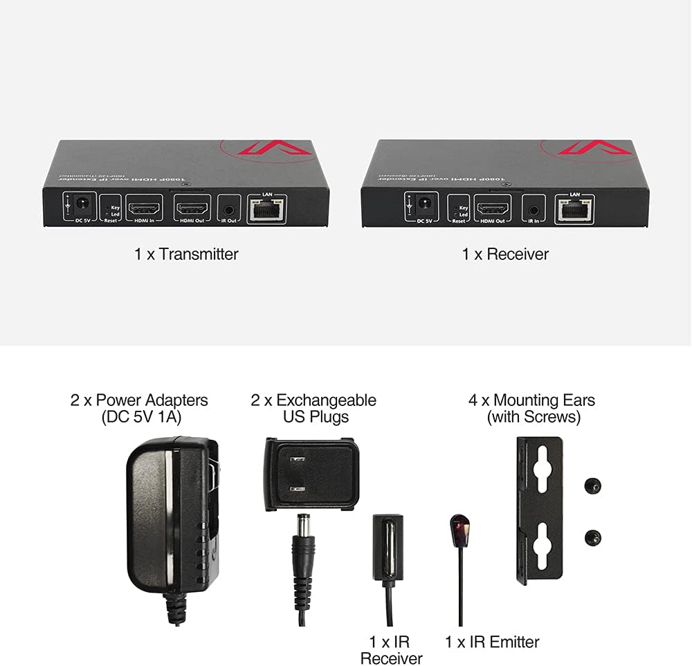 HDMI Over IP/TCP 1-to-Many Setup, Up to 394 Feet (120m), HDMI Extender Over Cat5e/Cat6 Ethernet Cable with HDMI Local Loop Out 1080p @60Hz, with IR Extension I242031