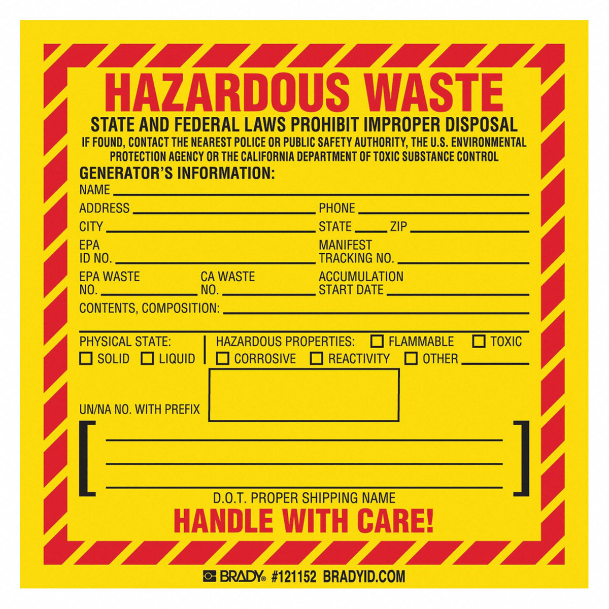 California Hazardous Waste Label PK100 U395