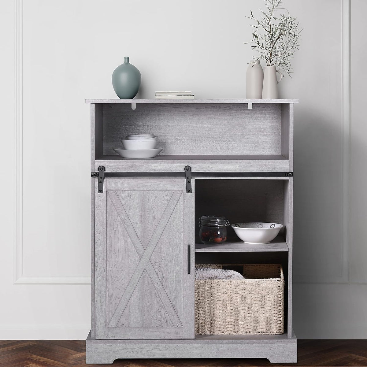 Grey Wash Wood Grain Buffet Cabinet with Sliding Barn Door S764