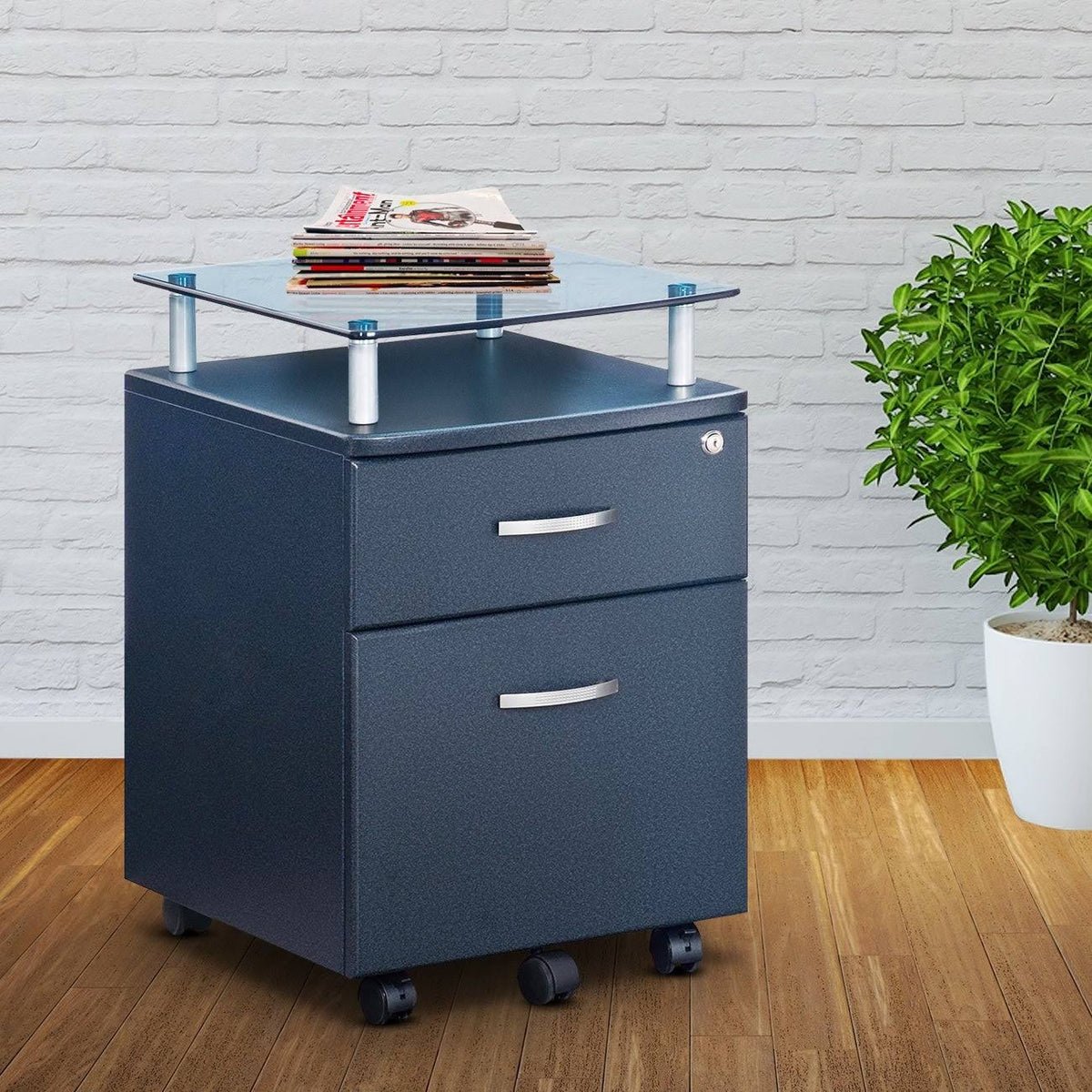 Graphite Rolling File Cabinet with Glass Top V903103