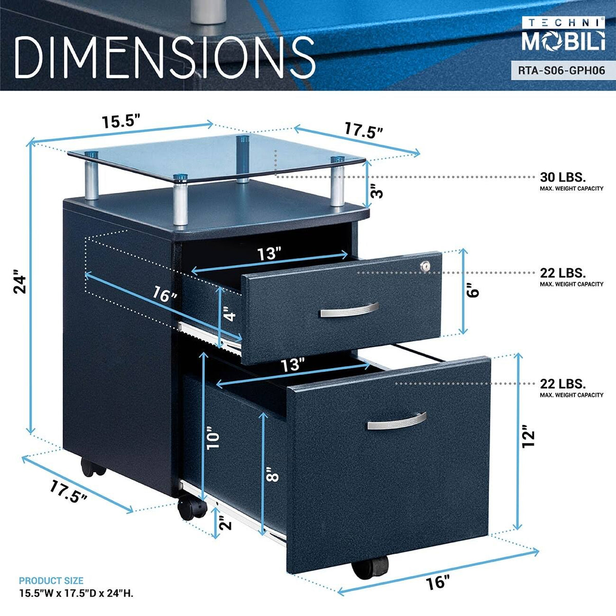 Graphite Rolling File Cabinet with Glass Top V903103