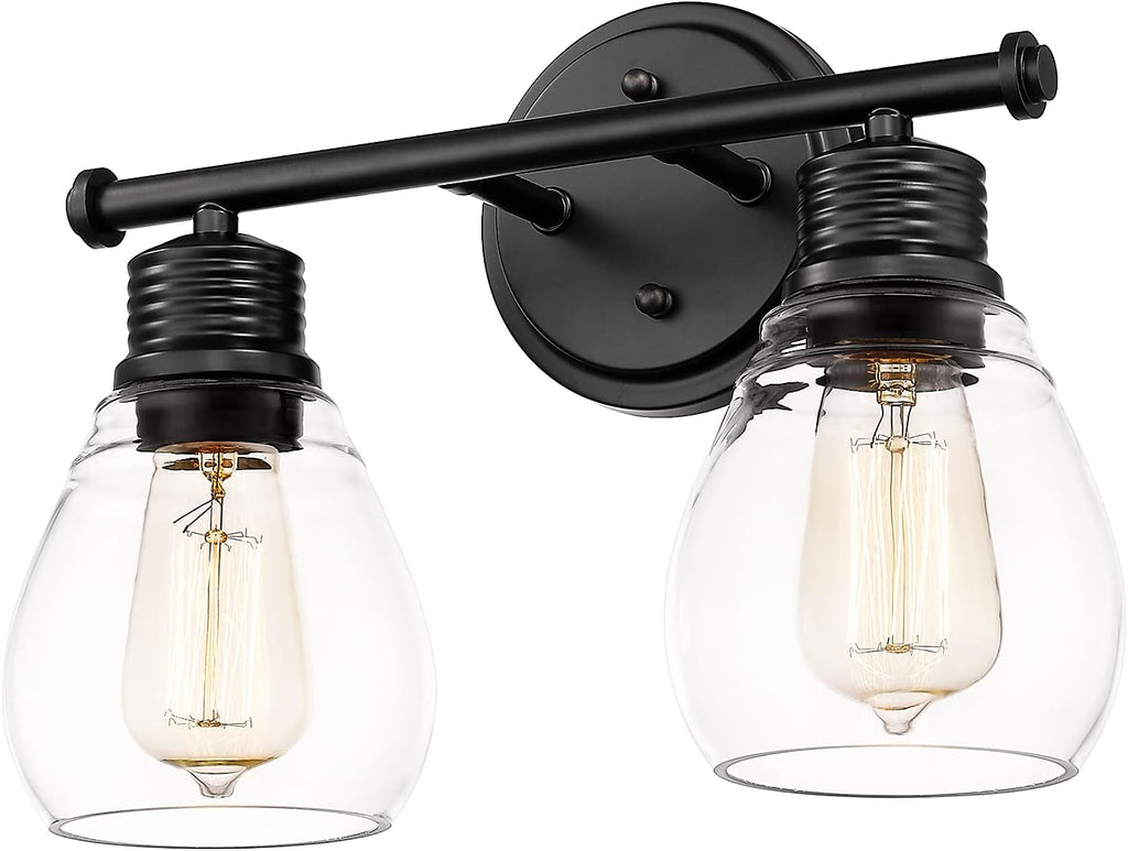2-Light Antique Black Bathroom Vanity Light with Glass Shade S279756