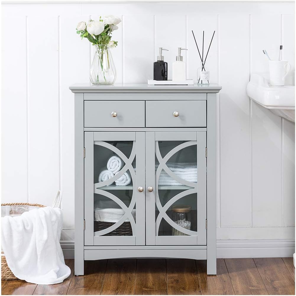 32.5 Inch Grey Wooden Storage Cabinet with Double Doors and Drawer L515