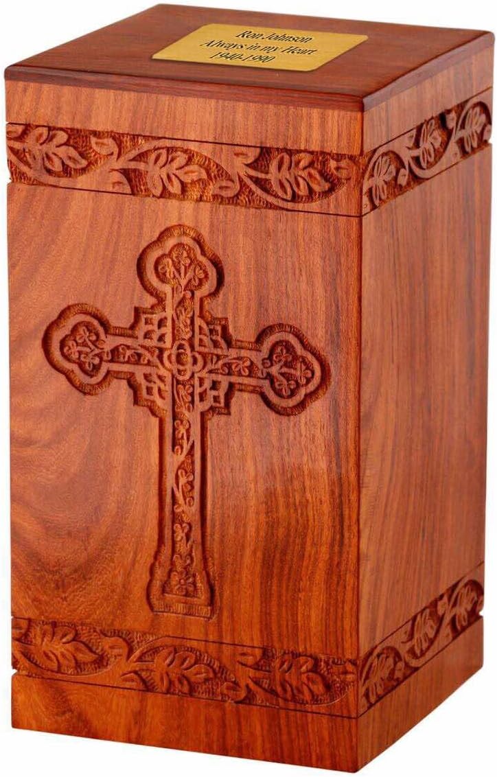 Solid Rosewood Cremation Urn with Hand-Carved Cross Design J26749